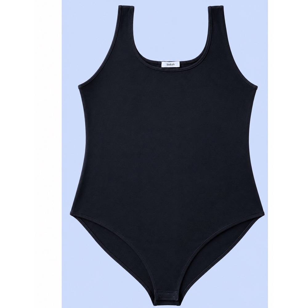 SHEIUGU Bodysuit Rayon Large‎ Black Excellent Minimalist Tank Scoop Neck Snap L